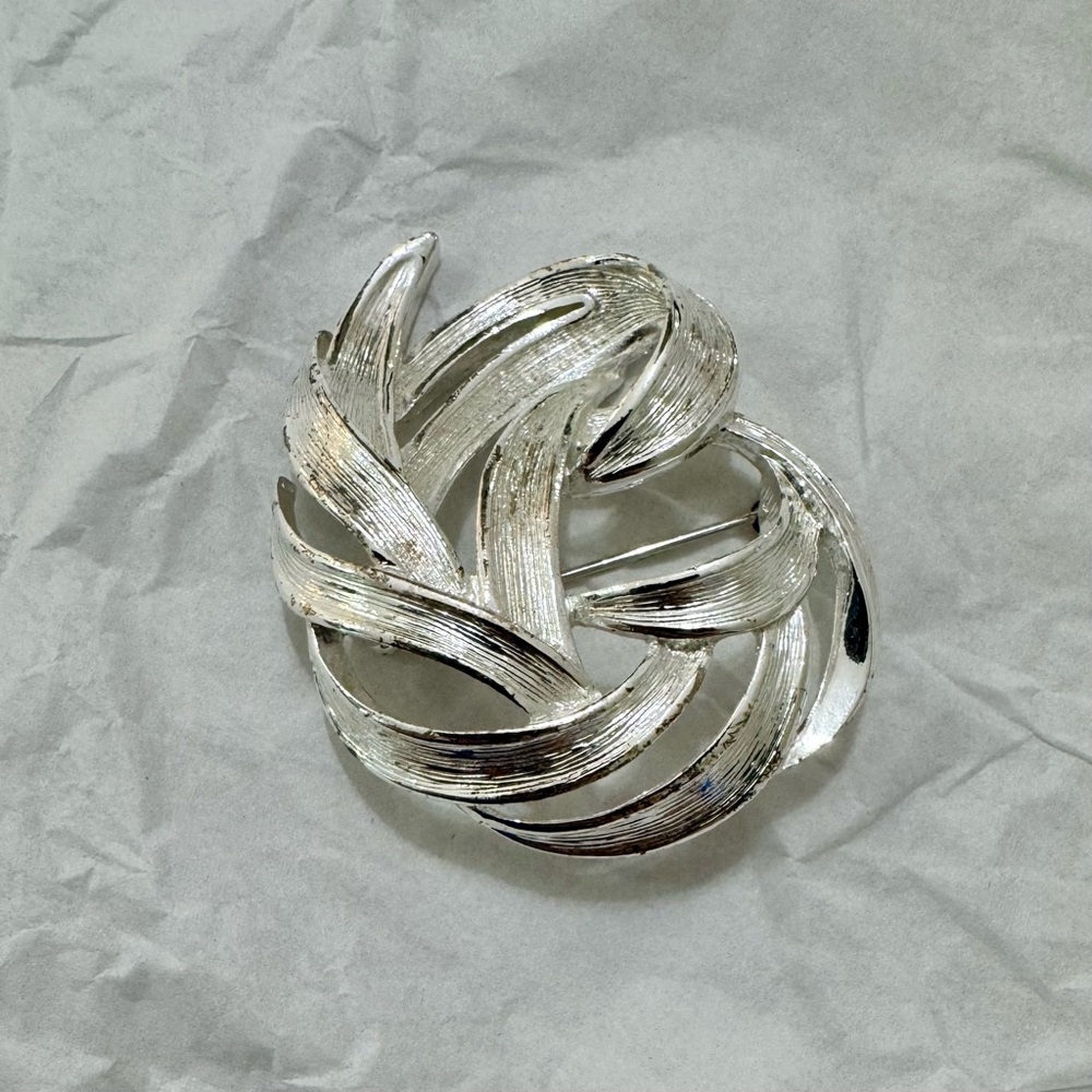 Vintage Monet Swirl Brooch Pin Silver Tone Textured & Shiny 2” Signed